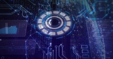 Holographic circular interface pulsing and rotating on data pulse, revealing Stock Footage 320725867