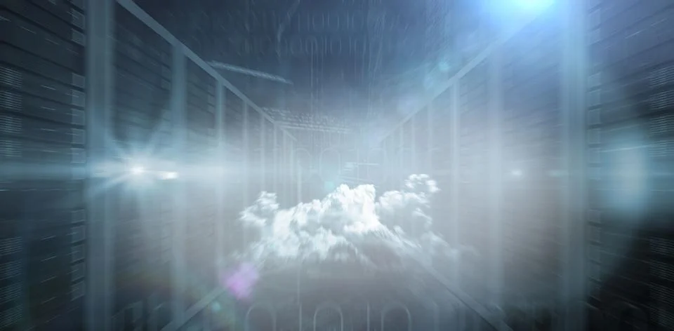 Holographic cloud is floating inside 3D render data center corridor with server Stock Illustration