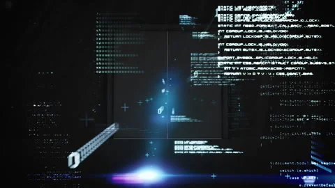 Holographic code fragments drifting inward forming door panels swinging open Video stock 312845229