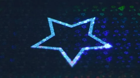 On a holographic colored surface, a growing star rotates. Closeup Stock Footage 313213778