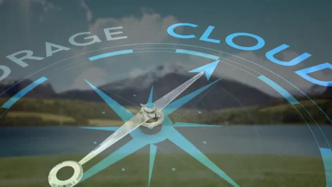 Holographic compass being projected on meadow lake, showing metallic needle, Stock-Footage 309109448