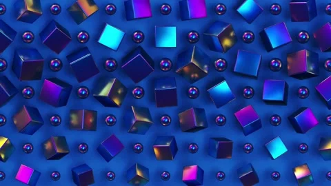 Holographic cubes on blue background, geometric pattern with iridescent spheres Stock Footage 162120104