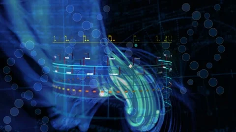 Holographic cylinder animating after pause, cyan marker moving, ribbons showing Stock Footage 335761827