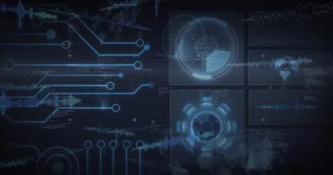 Holographic dashboard receiving data pulse, animating panels, sweeping radar and Ilustración de archivo
