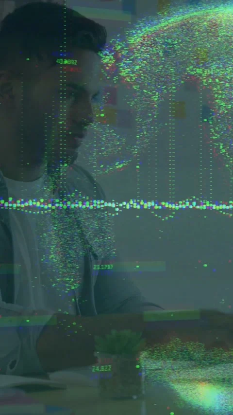 Holographic data activating, seated worker scanning monitor, pausing, then Stock Footage 331128968