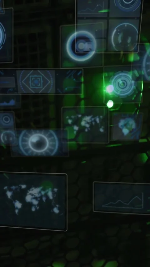 Holographic data analysis and global connectivity animation over dark Stock Footage 319977285