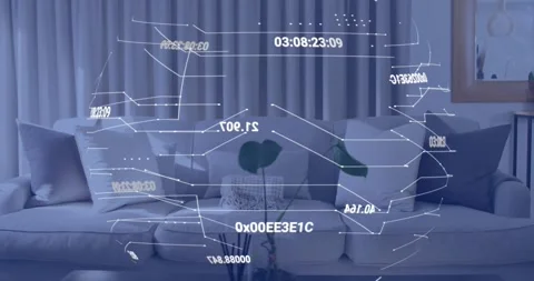 Holographic data grid materializing above sofa rotating while updating 库存影片 318260742