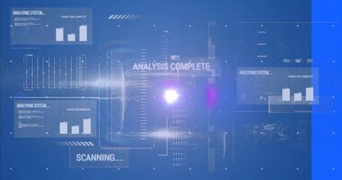 Holographic data interface displaying charts and status text labels in console, Foto stock
