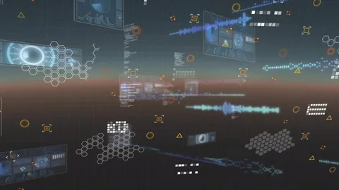 Holographic data network animating from signal, panels pulsing and scrolling to Stock Footage 328584730