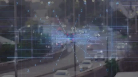 Holographic data network forming over highway pulsing node and sending lines Stock Footage 310326497