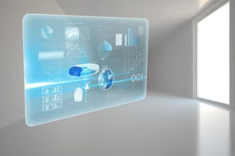 Holographic data panel is floating in white room, showing charts, 3D globe, 스톡 사진