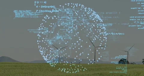 Holographic data sphere forming over wind farm, program code initiating density 動画素材 334115497