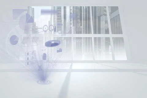 Holographic data visualization is floating in office 3D render, with pie charts 스톡 사진