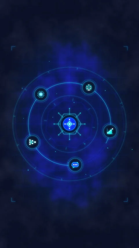 Holographic digital hud interface with spinning data nodes Stock Footage 348341046