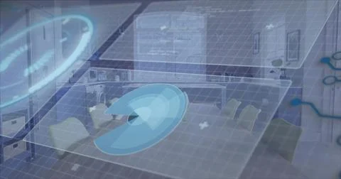 Holographic disc spawning from grid over table, rotating, opening wedge, Stock Photos