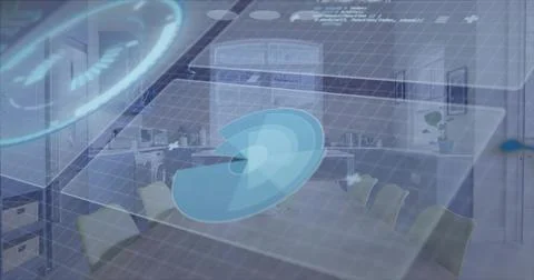 Holographic disc spawning from grid over table, rotating, opening wedge, Stock Photos