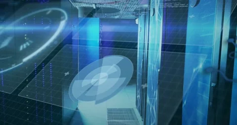 Holographic disk appearing over gridded floor, rotating and tilting, pulsing to Stock Footage 322220901