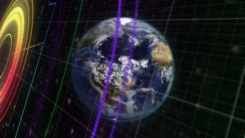 Holographic display activating globe rotating as neon HUD elements sweep right, Stock Footage 335235215