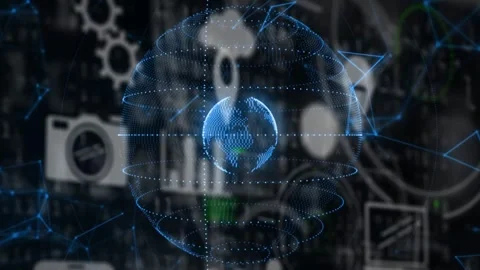 Holographic dual-sphere resolving from blue dot cloud, forming orbiting rings, Stock Footage 332591921