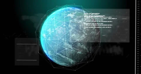 Holographic earth globe rotating in 3D interface, showing wireframe network and Stock Footage 308658767