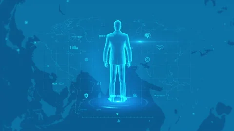 Holographic Figure Technology: A Digital Human in Blue Data World Map Landsca Stock Footage 341905087