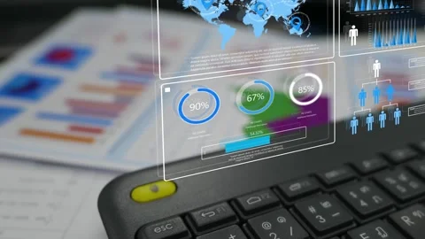 Holographic futuristic interface displayed over keyboard, Stock Footage 315283602