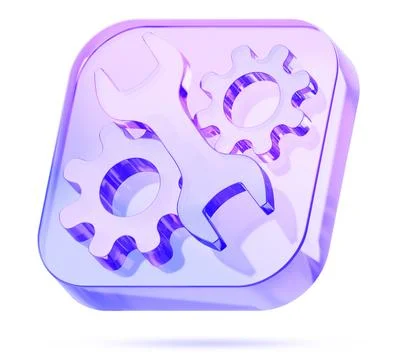 Holographic glass square button 3d icon with wrench and gears. Settings Stock Illustration