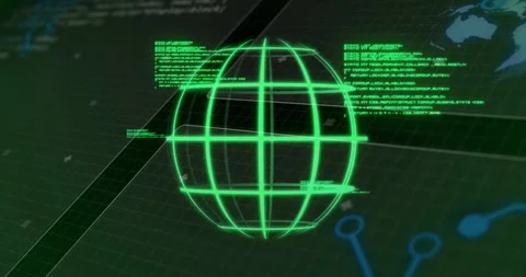 Holographic globe animating after data pulse, green panels sliding in, rotating, Stock Footage 328230293