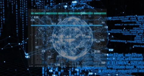 Holographic globe appearing in dark network space, console fading in with code Stock Footage 331048509