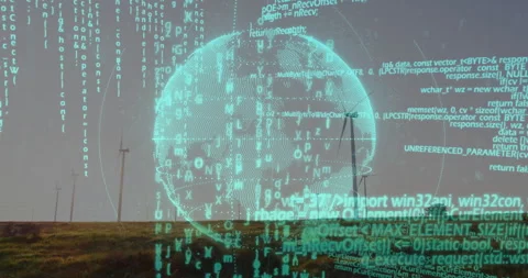 Holographic globe floating above wind turbines, streaming teal code overlay in Stock Footage 309099256