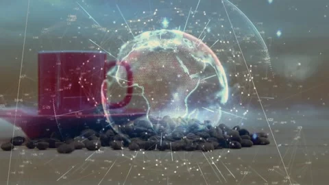 Holographic globe hovering above coffee beans before red cup, showing glowing Stock Footage 329708117