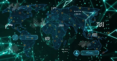 Holographic globe-map receiving data feed, adding hex clusters and linking nodes Stock Footage 331214405