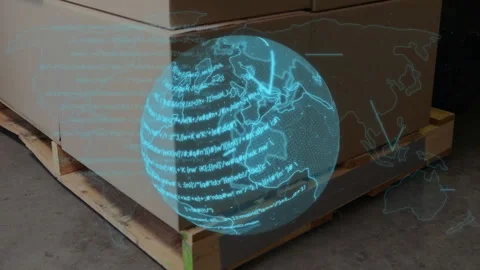 Holographic globe materializing above pallet, rotating with code arcs around Stock Footage 310971648