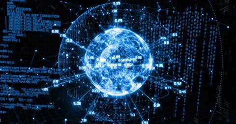 Holographic globe receiving data stream, pulsing nodes, orbiting rings, updating Stockfoto's