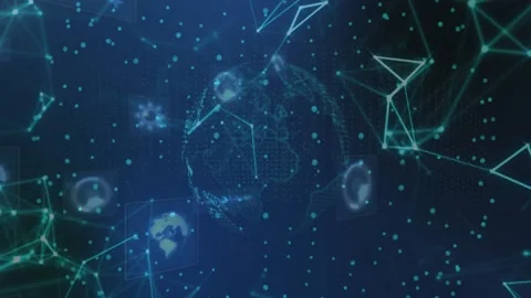 Holographic globe rotating on data pulse, HUD rings pulsing and nodes linking to Stock Footage 329908731