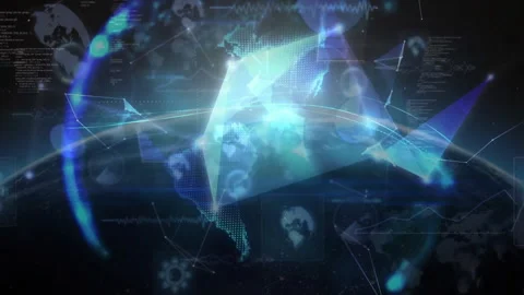 Holographic globe rotating over dark space, showing pixel continents, light Stock Footage 307884960