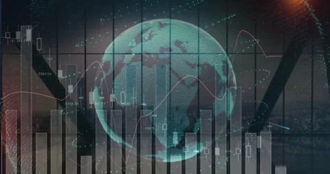 Holographic globe rotating over grid, showing bar and candlestick charts, lines Stock Footage 307436863