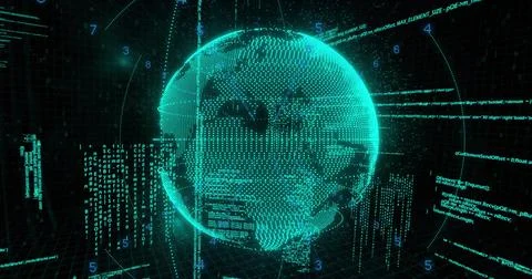 Holographic globe rotating in virtual grid space, with floating code fragments Illustrazione stock