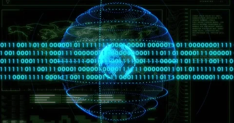 Holographic globe rotating while HUD emitting cyan binary band from left, Stock Footage 329533187