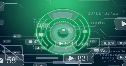 Holographic green interface pulsing and spinning after data overlay updating Stock Footage 320069025