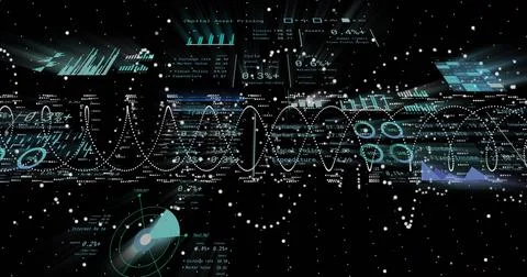 Holographic HUD unfolding on data pulse waveform pulsing radar sweeping panels Stock Illustration