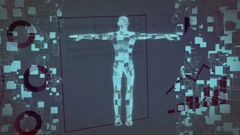 Holographic humanoid integrating after globe emerging, rotating and aligning for Stock Footage 334466245