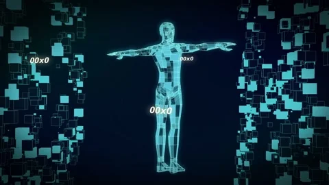 Holographic humanoid model responding to data burst, lowering arms and rotating Stock Footage 334322351