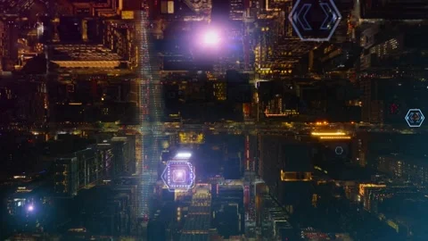 Holographic information icons tracking data flow above futuristic smart city wit Stock Footage 335229115