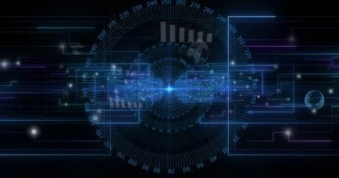 Holographic interface displaying circular numeric gauge and glowing data nodes Photos