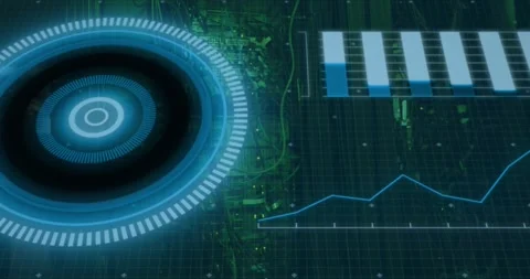 Holographic interface expanding triggers bars filling as line graph plotting Stock Footage 316624022