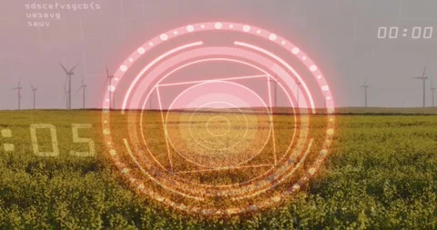 Holographic interface fading then rotating rings updating code to monitor wind Stock Footage 317229454