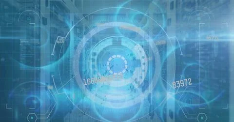 Holographic interface floating in data center corridor, racks with LEDs, numeric Stock Photos