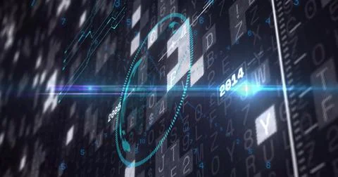 Holographic interface floating in data stream, with glowing points, code and Stock Photos