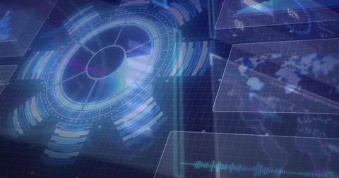 Holographic interface hovering over neon blue grid plane, with circular gauge Fotos Stock